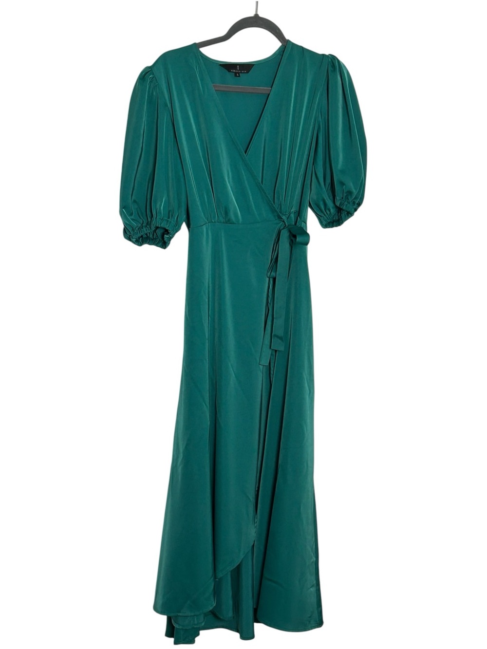 Abbey Glass Emerald Green Satin Wrap Maxi Dress Puff Sleeve Size S